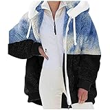 BORTGYUI Fleece-gefütterte Jeansjacke Fuzzy Flanell Sherpa-Jacken Colour Block Stitching Flauschige Winter Warm Outwear mit Kapuze Blau XX-Larg