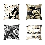 Kissenbezug 45x45 cm (18x18 Zoll), Schwarze goldene Tropische Blätter Dekorative Kissenhülle 4 Stück Doppelseitig Bedruckt Leinen Zierkissen Bezüge für Couch Schlafzimmer Zuhause Outdoor Sofak
