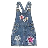 Peacolate 4-11 Jahre Mädchen Schnall Denim Latzrock Elastisch Hosenträger Star Mustern Jeanshose Bestickter Pailletten Overalls Rock(Star,7Jahre)
