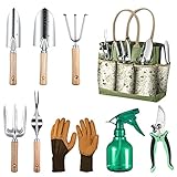 Grenebo Gartenwerkzeug 9PCS Gärtner set mit Gartenschere/X Large Griff/Tasche/ Handwerkzeug Kit für Gartenarbeit, Ideal Gartengeschenke für Frauen und M