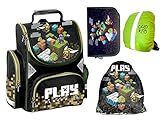 Goldkids 4er Set Schulranzen Ranzen Tornister Schulrucksack Federmappe Turnbeutel Turnsack Regenschutz Minecraft Motiv ab 1