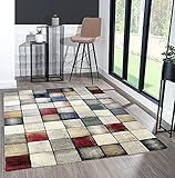 the carpet Monde Deluxe Wohnzimmer Teppich Hand Carved, Kurzflor, Bunt, Blau, Weiß, Rot, Grau, Gold, Quadrat Muster, 120 x 170