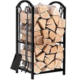 ZYSM Kaminholzregal Mit 4 Teilig Besteck Innen Kaminholzständer Kamin Begleiter Set Draussen Holzregal 2 Ablagen Schmiedeeisen Brennholzregal Kaminbesteck Kaminholzhalter H