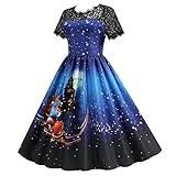 Briskorry Weihnachtskleid Damen Kurze Ärmel Spitze Spleißen Partykleid Weihnachten Druck Hohe Taille Cocktailkleider A Linie Swing Kleid Vintage Rundkragen M