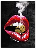 wandmotiv24 Leinwand-Bild Frauen Lippen, Größe 80x60cm, Hochformat, Wandbilder, Dekoration Wohnung modern, Lippenstift, Kosmetik, Comic, Makeup, Frau, Schminke, Rot, Gold, Rauch, Kugel Deko M0076