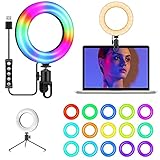 6'' Video konferenz Ringlicht mit Clip&Stativ,Laptop Webcam Beleuchtung，15 RGB &12 Helligkeitsstufen,USB Aufladung für Fernarbeit,Fernunterricht,Zoom Anrufbeleuchtung,Live Stream,Makeup,YouTube,TikTok