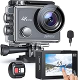 Action Cam 4K 60FPS, Touchscreen Unterwasserkamera Helmkamera WiFi 20MP, Surfola SF430 EIS 8X Zoom Wasserdicht mit Fernbedienung Externes Mik