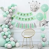 Grüne Geburtstagsdeko, Pastell grüne Luftballons HAPPY BIRTHDAY Banner Macaron Grün Graue Luftballons Weiße Luftballons Metallische Silberne Luftballons Kronen Stern Luftb