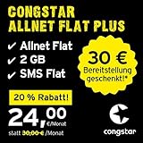 congstar Allnet Flat Plus [SIM, Micro-SIM und Nano-SIM] monatlich kündbar (24,00 Euro/Monat, 2 GB Datenflat mit max. 21 Mbit/s, Allnet Flat in alle dt. Netze) in bester D-Netz-Q