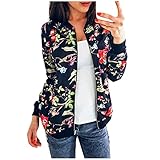 FMYONF Damen Bomberjacke FrüHling Herbst DüNne Sommer Blumenmuster Langarm Oberteile übergangs Sportmantel ReißVerschluss Stehkragen Jacken Outwear Kurz Coat(Marine,L)