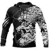 Herren Viking Fenrir Fashion Hoodies,3D All Over Printed Three Grey Wolfs Totem Tattoo Unisex Streetwear Pullover,Casual Zip Hooded Sweatshirt Trainingsanzugjacke,Schwarz,4XL