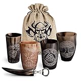 VIKING CRAFT® Trinkhorn Wikinger Hornbecher 4x ca. 200ml – Hochwertiges Wikinger Becher Set für Deinen Wikinger Met Honigwein - Wikinger Deko, Met Becher, Horn Set, Mittelalter Bierkrug, LAR