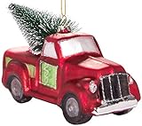 Brubaker Pick-Up Truck mit Tannenbaum Rot - Handbemalte Weihnachtskugel aus Glas - Mundgeblasener Christbaumschmuck Figuren lustig Deko Anhänger Baumkugel - 14.2