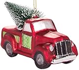 Brubaker Pick-Up Truck mit Tannenbaum Rot - Handbemalte Weihnachtskugel aus Glas - Mundgeblasener Christbaumschmuck Figuren lustig Deko Anhänger Baumkugel - 14.2