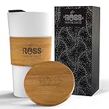 RÖSS Kaffeebecher to go aus Keramik, Coffee to-go Becher mit dekorativer Bambusauflage als Insektenschutz und Plastikdeckel für unterwegs, Mehrwegbecher, 400ml, Weiß