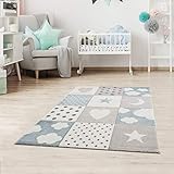 Fashion4Home Kinderteppiche Patchwork Herz Sterne Wolke | Kinderteppich für Mädchen und Jungs | Teppich für Kinderzimmer | Farbe: Blau, Grau & Rosa | Schadstofffrei Kinderzimmertepp