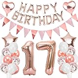 Ouceanwin 17. Geburtstag Dekoration Rosegold Geburtstag Party Deko Set, Riesen Folienballons Zahl 17, Happy Birthday Girlande Ballons, Wimpelkette Banner, 17th Geburtstagsdeko für Mädchen Jung