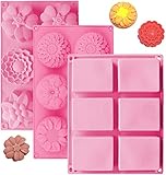 OBSGUMU 3Stück Silikonseifenformen,6 Hohlrume Silikon Backform,Rechteck und Anders Blume Formen, Perfekt für Seifenherstellung,Handgemacht Kuchen Schokoladekeks, Pudding (Rosa)
