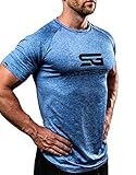 Satire Gym® - Fitness Slim Fit T-Shirt Herren/Funktionelles & schnell trocknendes Sportshirt Heren Kurzarm – Herren Fitness Shirt als Bodybuilding Shirt & Workout Gym Shirt (XL, blau meliert)