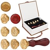 Belle Vous Vintage Wachssiegel Stempel Set mit Abnehmbaren Kupfer Stempel Köpfen (7Stk) - Retro Holzgriff Siegel Stempel - Wachs Stempel Klassisch Blume, Herz, Krone - Geschenk, Briefsiegel, H