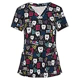 Sonojie Kasack Damen, T-Shirts Zahnarzt Bunt Pflege große größen mit Zahn Motiv, T-Shirt Schlupfkasack mit Taschen Kurzarm V-Ausschnitt Schlupfhemd Berufskleidung Krankenpfleger Uniformen N