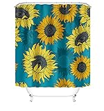 QPCGRA 4-teiliges Duschvorhang-Set mit rutschfestem Teppich,WC-Deckelbezug, Badematte und 12 Haken,für Badezimmer Grüne gelbe Sonnenblumenblume150×180