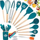 MAISITOO Silikon Kochgeschirr Set,30 Stück Küchenhelfer Set,Küchengerät ​Antihaft Hitzebeständiger Silikonspatel Set mit Premium-Holzg