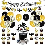 Gym Geburtstag Party Dekorationen Schwarz und Gold Fitness Motto Party Dekorationen für Männer, Gewichtheben Motto Party Supplies mit Fitness Cake Topper Glitter Gym Happy Birthday B