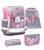 Belmil Schulranzen Set 4 - teilig ergonomischer Schulranzen Mädchen 1. klasse 2. klasse 3. klasse - Super Leicht 860-950 g/Grundschule/Schmetterling/Pink, Rosa, Grau (403-13 Elegant)