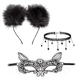 KLEHOPE Damen Spitze Augenmaske Kit, Elegant Spitze Katzenkostüm Damen Set, Spitzenhalskette Kit für Halloween Fasching, Karneval Masquerade, Cosplay, Abendkleid Tanz, Maskerade V