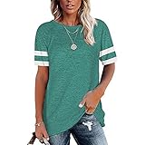 T-Shirts für Frauen, Tunika-Oberteile, lässig, gestreift, Bedruckt, lockeres T-Shirt, Kurzarm-T-Shirts Frühling und Sommer, lockerer Rundhalsausschnitt, Kontrastfarbe, Nähte, Top-T-Shirt für D