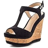 COLETER Wedges für Frauen, Open Toe Platform T-Träger Sandalen Sommersandalen Holz Plateau Wedge Heels Schwarz 40EU