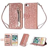 Artfeel Reißverschluss Brieftasche Hülle für iPhone 6,iPhone 6S Bling Glitzer Leder Handyhülle mit Kartenhalter,Flip Magnetverschluss Stand Schutzhülle mit Tasche und Handschlaufe-Roség