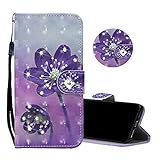 Obesky Glitzer Hülle für Huawei P8 Lite 2017, Bling Diamant PU Leder Flip Wallet Case Standfunktion Kartensfach Magnetverschluss mit 3D Muster Lila Blumen Design Schutzhü