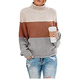 Onebary Pullover für Damen Damen?s Gestreifter Farbblock Pullover Langarm Grob Pullover Hoher Hals Strick Pullover Tops Strickwaren, dunkelbraun, XL