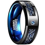 NUNCAD Ring Herren/Damen Keltisch Schwarz-Blau mit Kohlefasern, Zirkon, Unisex Wolfram Ring 8mm Breit für Hochzeit, Verlobung,