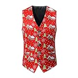 Yebutt Weihnacht Weste Nette Santa Claus Waving Herren Weste Steppweste Anglerweste Ärmellos Jacke mit V-Ausschnitt Slim Fit Weihnachtsweste für Herren,Rot,S-XXL