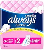 Always Classic Maxi Sensitive Handtücher, 9 Stück, Flügel, weiche Haptik, S