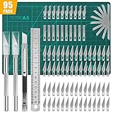 Lhedon 95 Stück Carving Craft Messer Set,Bastelmesser Skalpell Kit,90 Skalpell Klingen in 4 Formen,1 A5 PVC Schneidebrett,1 Stahllineal,1 Kleines Universalmesser,Für DIY Art Work Caving S