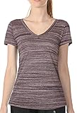 icyzone Damen Sport T-Shirt V-Ausschnitt - Laufshirt Kurzarm Top Trainingsshirt Fitness Oberteile Sportbekleidung (L, Burgundy)