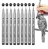 Fineliner Stifte Set, Surcotto 9 Stück feiner Spitze Schwarz (0.05mm-0.8mm und 1 Brush) wasserfest Pigmentliner, Filzstifte zum Zeichnen Schreiben Skizzen, Journaling, Notizen, Comics, Malb