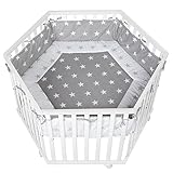 roba Laufgitter, Laufstall 6-eckig, sicheres Spielgitter inkl. Schutzeinlage 'Little Stars' & Rollen, Baby Krabbelgitter, Holz weiß