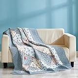 Unimall Tagesdecke Patchwork aus Baumwolle 150x200cm Bettüberwurf für Einzelbett Sofaüberwurf mit Blumen Blau Gesteppte Decke in L