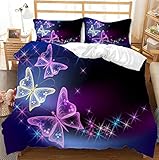 Bettwäsche Fürs Bett 200x200 cm Traum Sprechende Lila Schmetterlinge Bettbezug Kissenbezug 3D Bettwäsche-Set Polyester Junge Mädchen Reißverschluss (Bettbezug 135x200 cm + 2 Kissenbezug 80x80 cm)