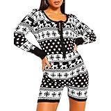 Onesie Schlafanzug für Frauen Weihnachten Schlafanzug Strampler Langarm Sexy Jumpsuit Weihnachten Shorts Bodysuit (Schwarz, Groß)