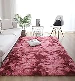 Ommda Teppich Nordisch Wohnzimmer Rund Tie Dye Flauschige und Zottelige Teppiche Waschbar für Innenbereich Esszimmer Kinderzimmer Schlafzimmer Wassermelonenrot 200x250