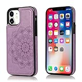 UNKNOK Kompatibel mit iPhone 12 Mini Hülle, Wallet Case mit Kartenhalter, Slim Premium PU Leder Prägung Mandala Blume Doppelter Magnetverschluss Flip Cover für iPhone 12 Mini 5.4 Z