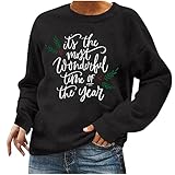 RKaixuni Damen Weihnachts T-shirt Weihnachtspullover Vintage Pullover Druck Rundhals Letterdruck Weihnachten Shirt Sweatshirt Langarmshirt Oberteile Jumper Merry Christmas Sw