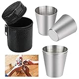 PERFETSELL 4 Stück Edelstahlbecher 30ml Klein Edelstahl Becher Schnaps Schnapsbecher Stapelbare Trinkbecher Flachmann Becher Camping Schnapsgläser Tragbar Metallbecher mit Lederetui für Outdoor Urlaub