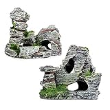 2pcs Aquarium Rock Cave Dekoration mit Grün Gras für Fische Garnelen Verstecken Aquarium Dekoration Harz Aquarium Zubehör,Aquarium Harz Höhle Mountain View Moos Baum H